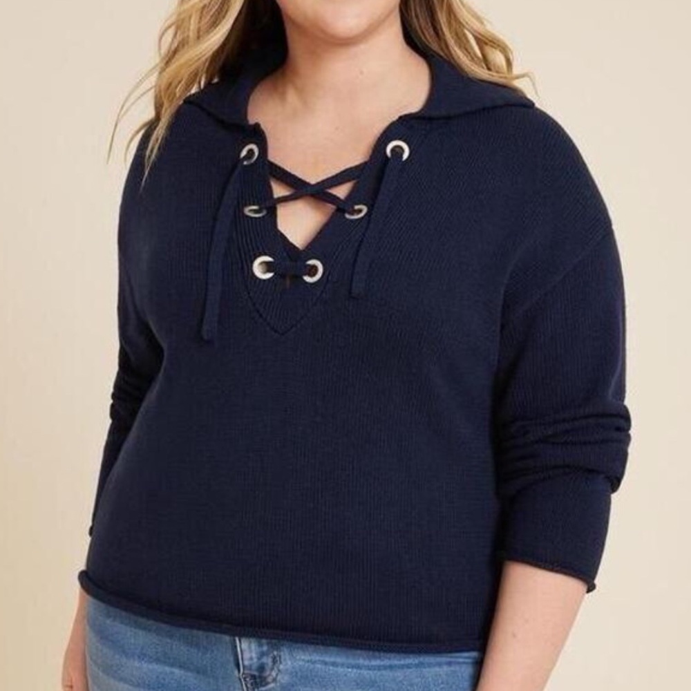 Maurices Women XS Navy Blue Preppy Coastal Relaxed Lace Up Collared Sweater NWT